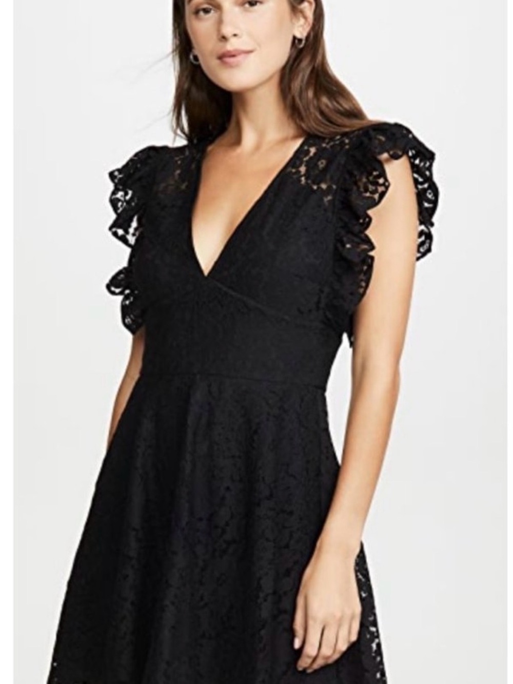 Lace V-Neck Midi Dress with Ruffle Cap Sleeves - Black